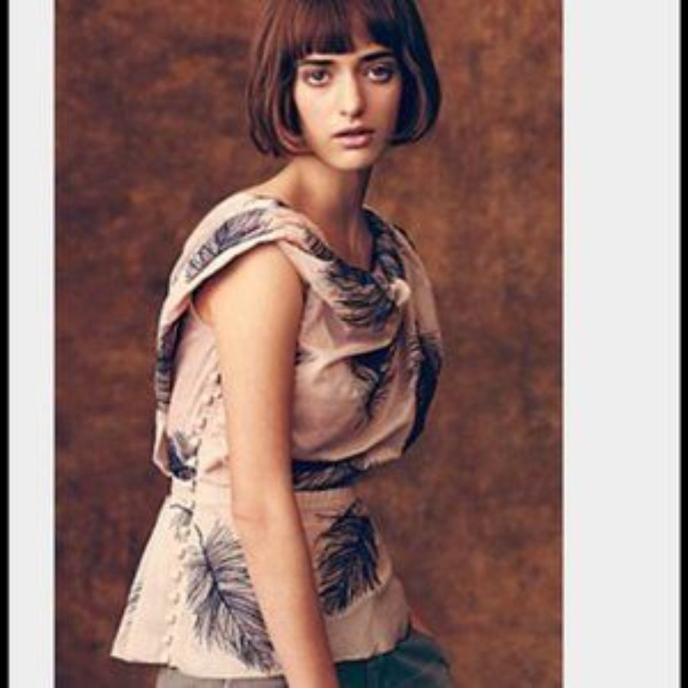 Byron Lars Blush Pink Sleeveless Draped Top with Navy Feather Print